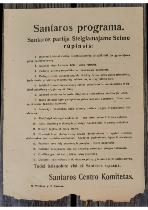 Lietuvos Respublikos tarpukario Steigiamojo Seimo, Santaros partijos, rinkiminis agitacinis plakatas. Dydis: 23 x 33 cm. Kaina 36