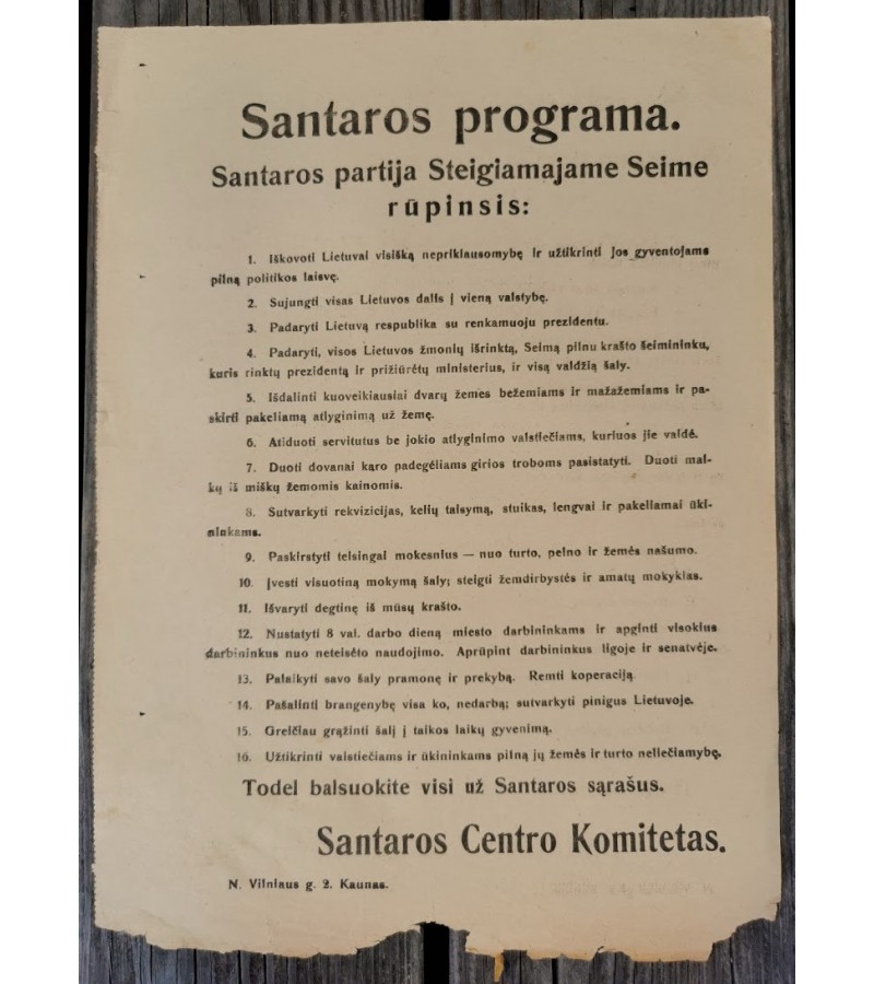 Lietuvos Respublikos tarpukario Steigiamojo Seimo, Santaros partijos, rinkiminis agitacinis plakatas. Dydis: 23 x 33 cm. Kaina 36