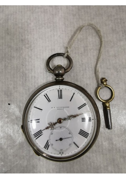 Laikrodis antikvarinis, sidabrinis, kišeninis su rakteliu J. F. Bravington London. Veikiantis. Kaina 112