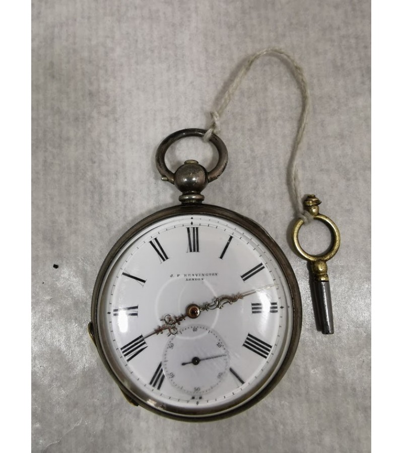 Laikrodis antikvarinis, sidabrinis, kišeninis su rakteliu J. F. Bravington London. Veikiantis. Kaina 112