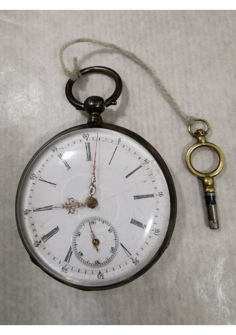 Laikrodis antikvarinis, sidabrinis, kišeninis su rakteliu. Veikiantis. Kaina 92