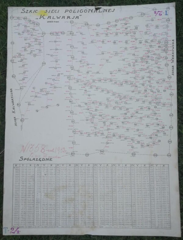 Planas, Eskizas Vilniaus poligonometrinis tinklas, 1933-1934 m. Vilniaus Kalwarja. Originalas. Lenkų k. 68 x 52 cm. Kaina 92