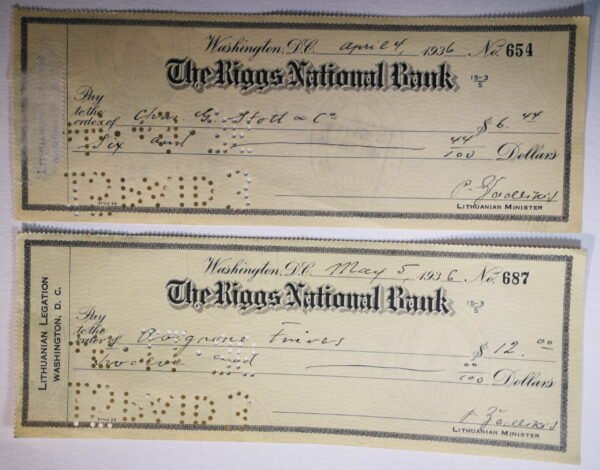 Vekseliai, čekiai, išduoti tarpukariu, Lietuvos pasiuntinybės Vašingtone. 2 vnt. Kaina po 10