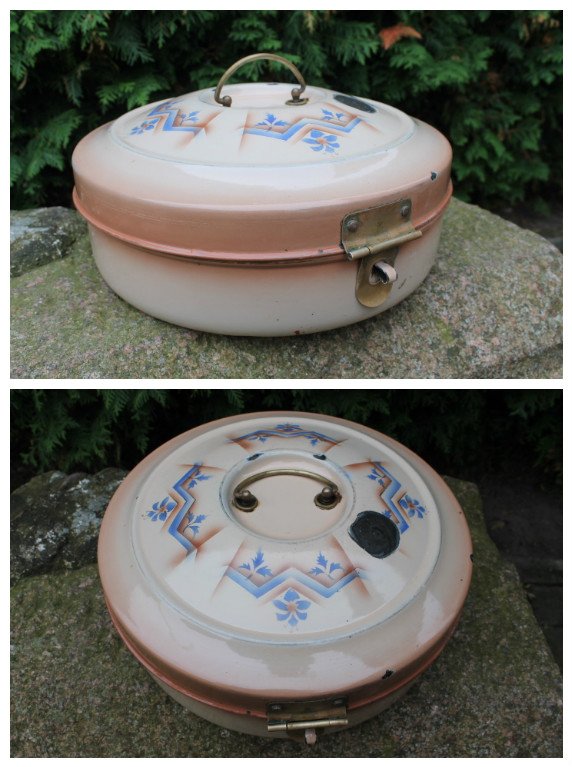 Duoninė skardinė, emaliuota, antikvarinė, puošta ornamentika, I PK laikų. Kaina 73