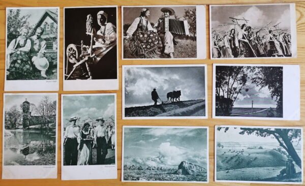 Atvirukai tarpukario Lietuvos meniniai. Parduota: Sėdi su armonika ir piemenukas laukuose. Kaina po 7