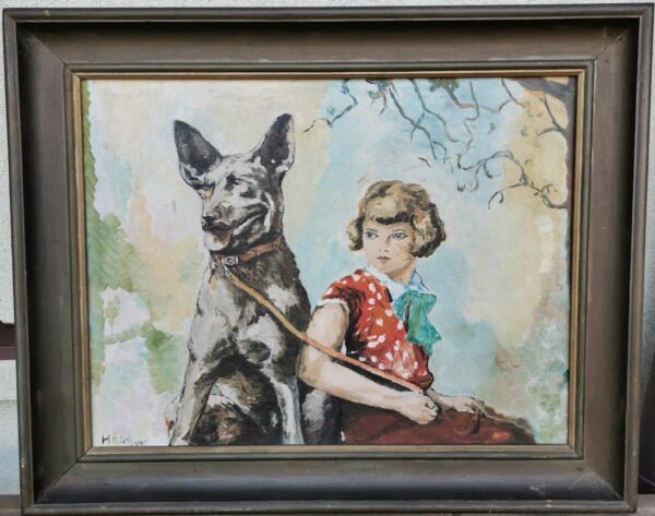 Paveikslas Mergaitė su šuniu, antikvarinis, 1934 m. Kaina 137