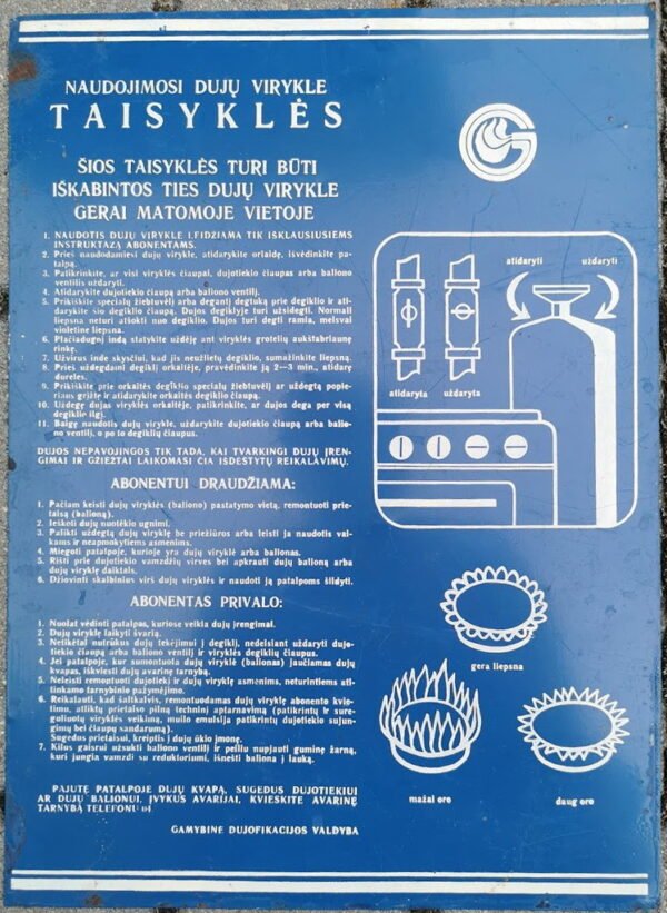 Lentelė, iškaba skardinė "Naudojimosi dujų virykle TAISYKLĖS" tarybinių laikų. Kaina 42