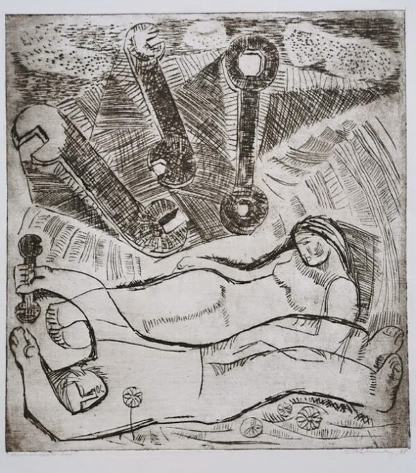 Paveikslas, raižinys Mechanizatoriai. 1968 m. Vytautas Klemka (1924–1991). Kaina 138