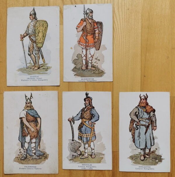 Atvirukai Lietuvos kunigaikščiai. M. Barvickio 1908 m. piešinio reprodukcija. 1935 m. Kaina po 3