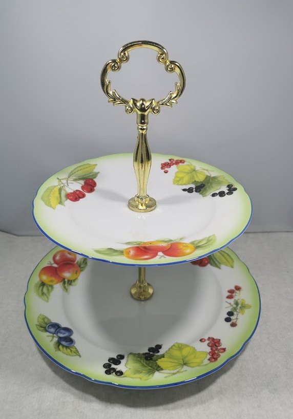 Lėkštė porcelianiė vaisiams, pyragaičiams, dviejų aukštų padėklas, antikvarinis. Kaina 32