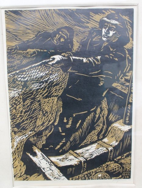 Paveikslas, Lino raižinys Žvejai, Vilius Paršinas, 1959 m. Kaina 215