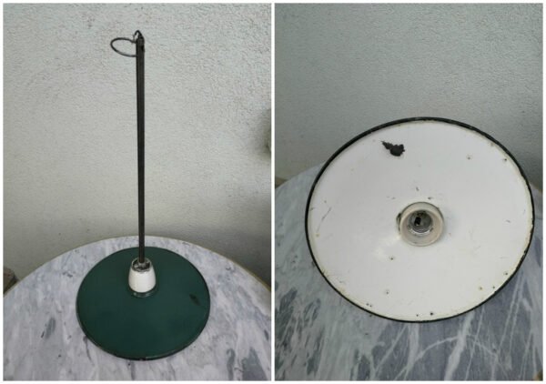 Lempa, šviestuvas skardiniu, emaliuotu gaubtu, antikvarinė. Kaina 53