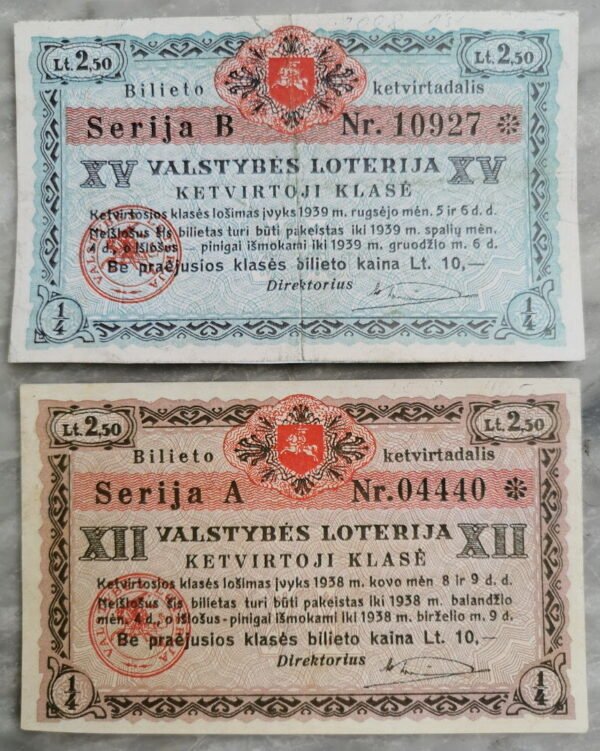 Loterijos bilietai Lietuvos tarpukario. 2 vnt. Kaina po 18