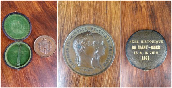 Medalis antikvarinis, 1861 m. prancūziškas, stalo medalis originalioje dėžutėje. Kaina 107