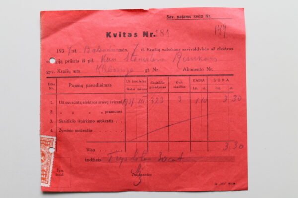 Elektros apmokejimo kvitas, 1937 m., Kraziai, Kaina 8 Eur.