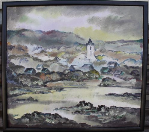 Paveikslas Miestelio prie upės panorama, Pranciškus Porutis. Drobė, aliejus.  Kaina 520