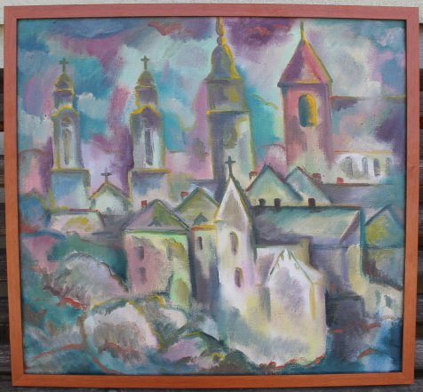 Paveikslas Kauno senamiescio panorama, Pranciskus Porutis. Drobe, aliejus. Kaina 420