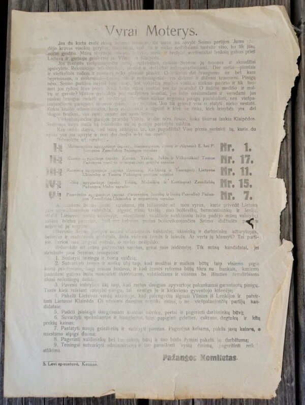 Lietuvos Respublikos tarpukario Steigiamojo Seimo, Pažangos partijos, rinkiminis agitacinis plakatas. Dydis: 23 x 33 cm. Kaina 28