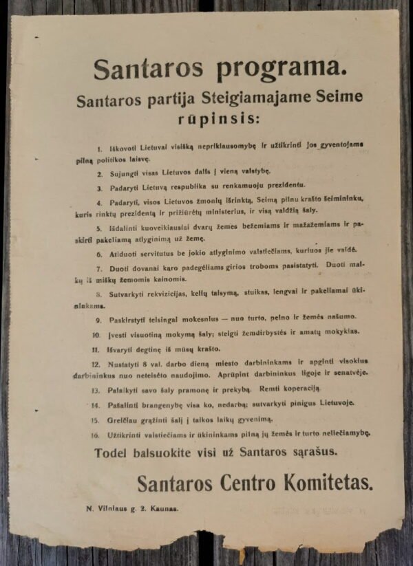 Lietuvos Respublikos tarpukario Steigiamojo Seimo, Santaros partijos, rinkiminis agitacinis plakatas. Dydis: 23 x 33 cm. Kaina 36