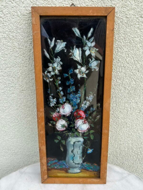Paveikslas Gėlės, antikvarinis, prancūziškas. Atvirkštinio tapymo ant stiklo technika. Kaina 87