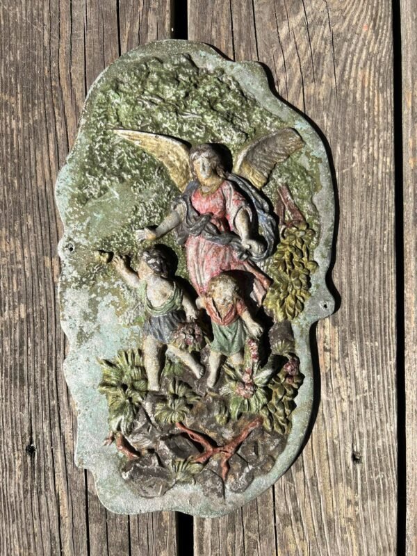 Plaketė religinė, antikvarinė, Metalinė, išlikę tapybos fragmentai. Kaina 43