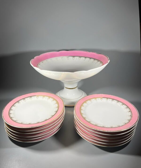 Sausaininė, saldaininė su 12 desertinių lėkštučių C.T. CARL TIELSCH ALTWASSER, 1870-1900 m. antikvarinė, porcelianinė. Kaina 83 už viską