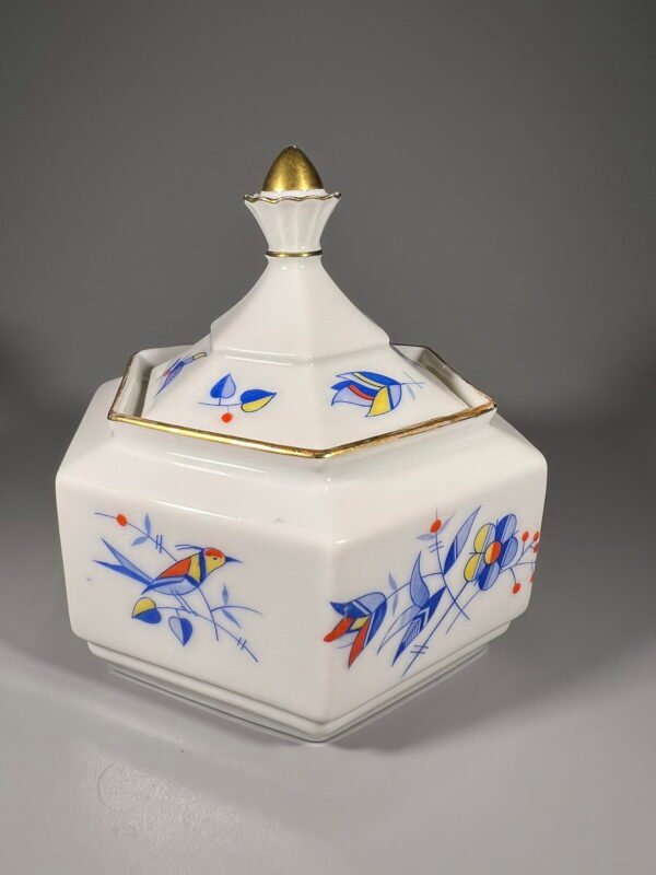 Cukrinė porcelianinė, antikvarinė Secesijos stiliaus, Ullersricht porceliano manufaktūrai, Weiden, Bavarija. 1925 m. Kaina 36