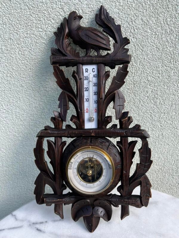 Barometras, termometras antikvarinis, medinis Secesijos stiliaus, restauruotas, Veikiantis. Kaina 83