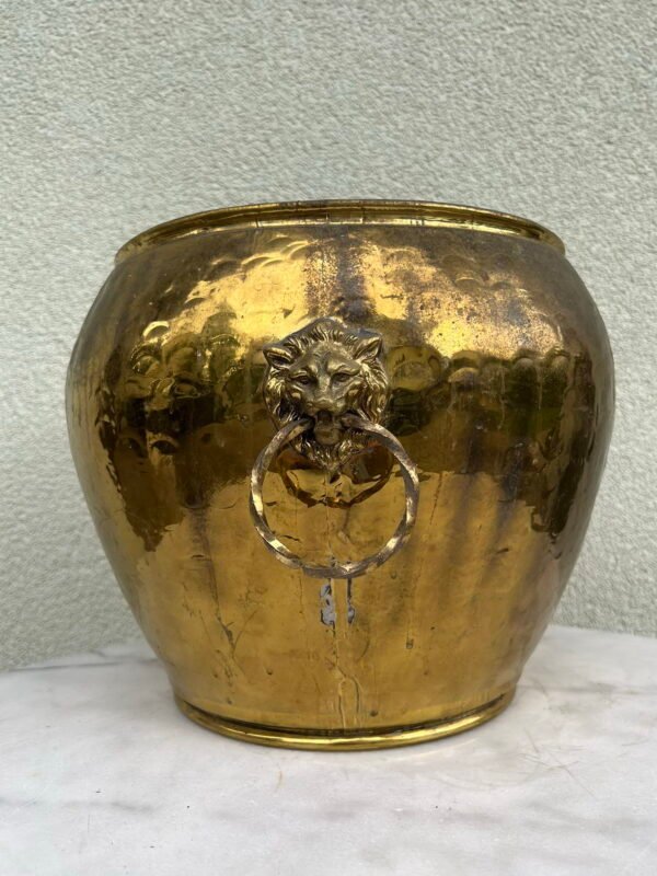 Vazonas gėlėms žalvarinis puoštas liūtais. Belgija. Aukštis 26, skersmuo 30, angos skersmuo 26 cm. Kaina 73