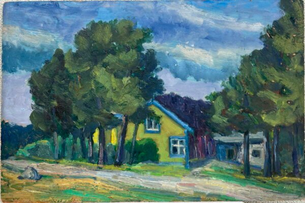 Paveikslas Peizažas su geltonu namu. Autorius: Stasys Šilkaitis (1927-1995).  Kartonas, aliejus. Kaina 187