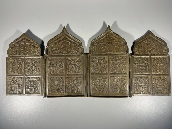 Ikona kelioninė pravoslavų Dvylika švenčių, bronzinė, antikvarinė, 4 dalių. Бронзовая икона-складень Двунадесятые праздники. Kaina 288