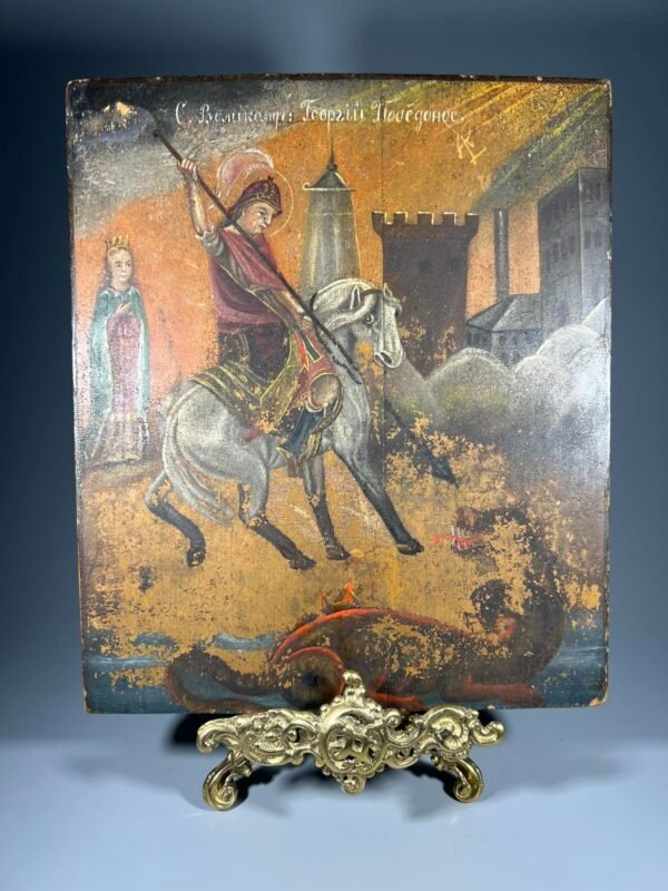 Ikona Šv, Jurgis, medinė, antikvarinė. 1920-1930 m. Kaina 288