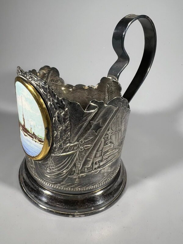 Podstakanikas, stiklinių laikiklis, ПОДСТАКАННИК ЛЕНЭМАЛЬЕР, 250 ЛЕТ ЛЕНИНГРАД, Петропавловская крепость. 1940-1950 m. Kaina 63