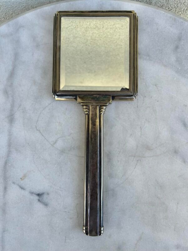 Veidrodis antikvarinis Art Deco stiliaus, sidabruotas ELLDEE, rankinis, prancūziškas. Kaina 63