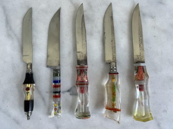 Peiliai inkrustuotom rankenom vintažiniai. 5 vnt. Kaina po 33
