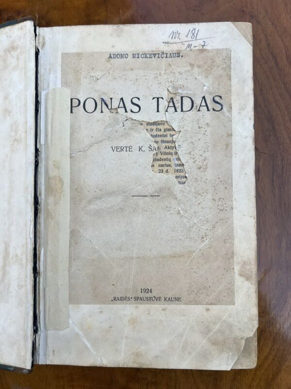 Knyga Ponas Tadas. Adomas Mickevičius. 1924 m. Kaina 12