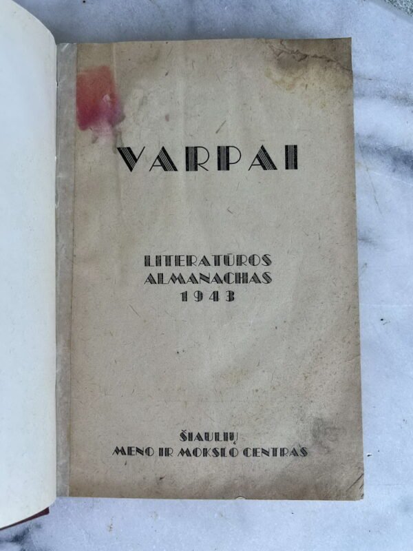 Knyga Varpai. Literatūros almanachas. 1943 m. Kieti viršeliai. Kaina 18