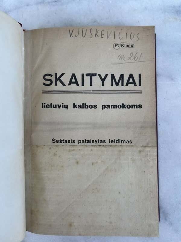 Knyga Skaitymai lietuvių kalbos pamokoms. P. Klimas. 1928 m. Kieti viršeliai. Kaina 17