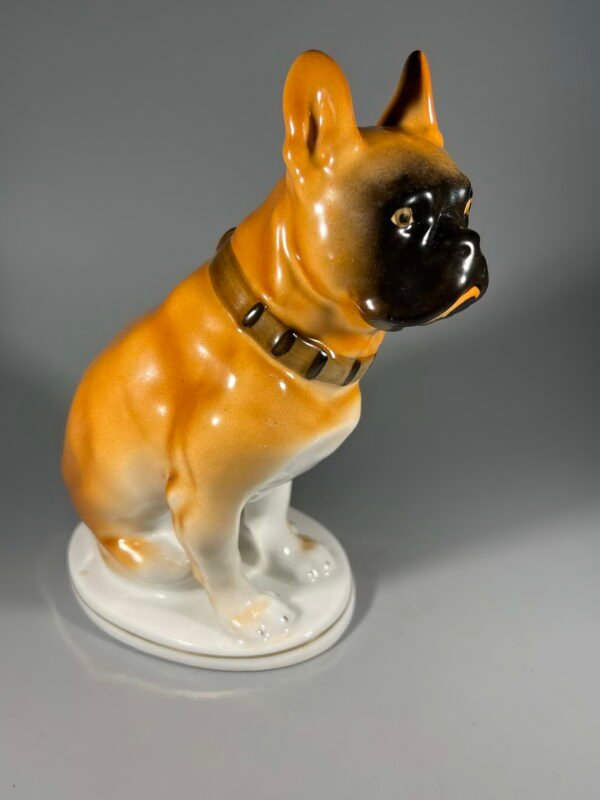 Statulėlė porcelianinė Šuo Buldogas, bokseris.  Autorius V.S. Drachinskaya. Modelio sukūrimo metai: 1949. LFZ. Kaina 63