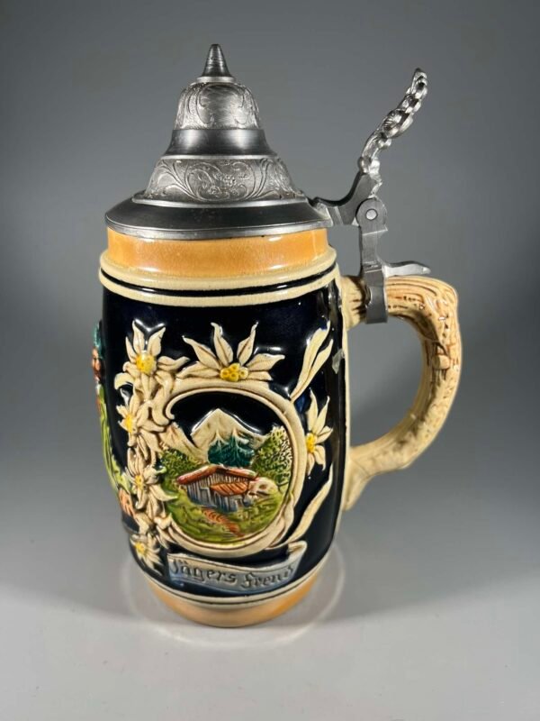 Bokalas keraminis, glazūruotas su alaviniu dangčiu, vintažinis. Vokietija. Kaina 43