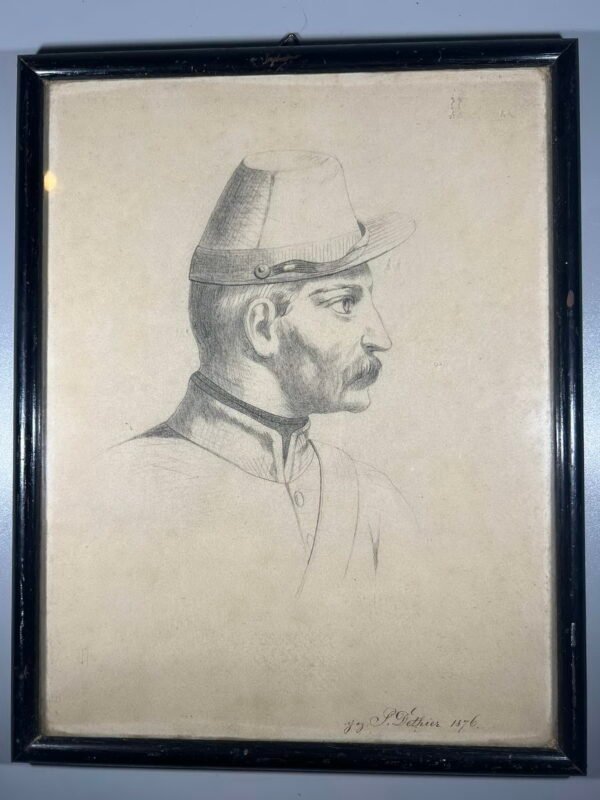 Paveikslas graviūra antikvarinė Kariškio portretas. P. Dethier. Pieštukas, popierius, signatūra P. Dethier, 1876 m. Kaina 62