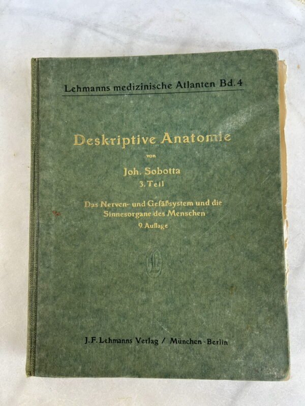 Knyga medicininė, antikvarinė Deskriptive Anatomie - Lehmanns medizinische Atlanten. Joh. Sobotta. Aprašomoji anatomija – Lehmanno medicinos atlasai. 1937 m. Kaina 23