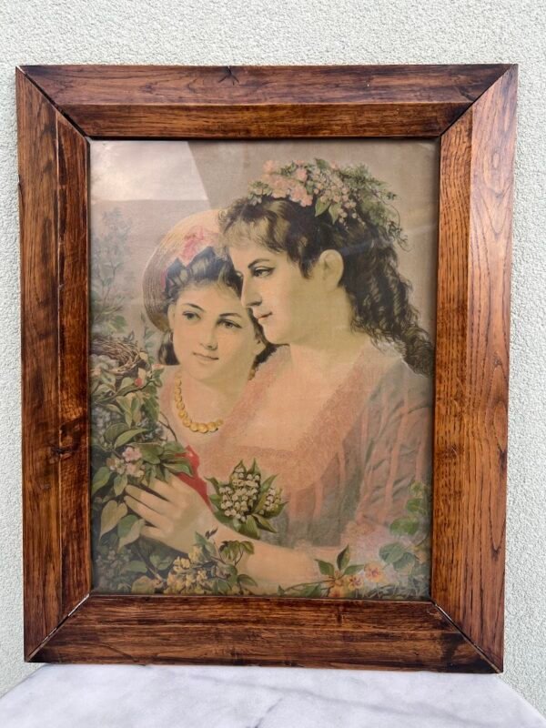 Rėmas ąžuolinis, antikvarinis su stiklu ir spalvota litografija. Kaina 73