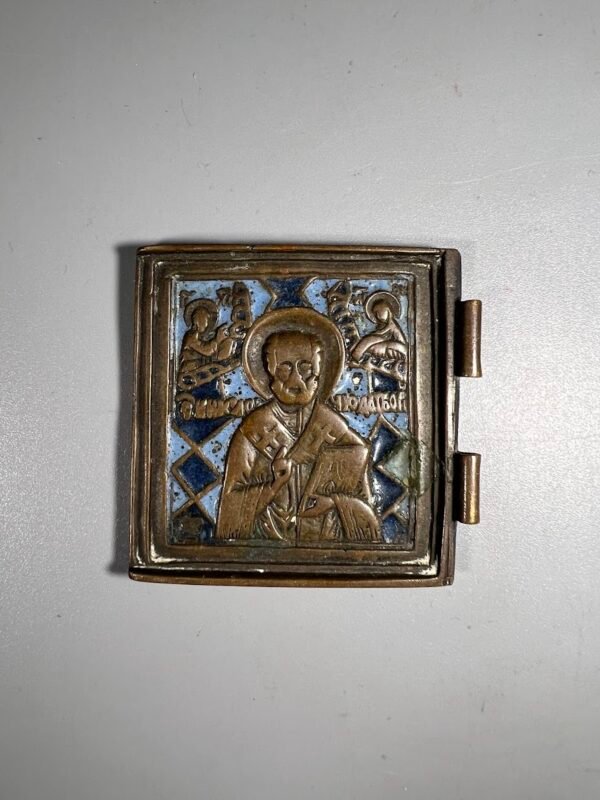 Ikona stačiatikių kelioninė, vaizduojanti Šventąjį Nikolajų Stebukladarį, rus. Николай Чудотворец. XIX a. Kaina 38