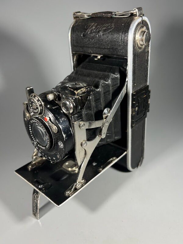 Fotoaparatas dumplinis, sulankstomas, antikvaris, tarpukario laikų Ihagee Auto Ultrix, Vokietija, 1934 m. Kaina 68