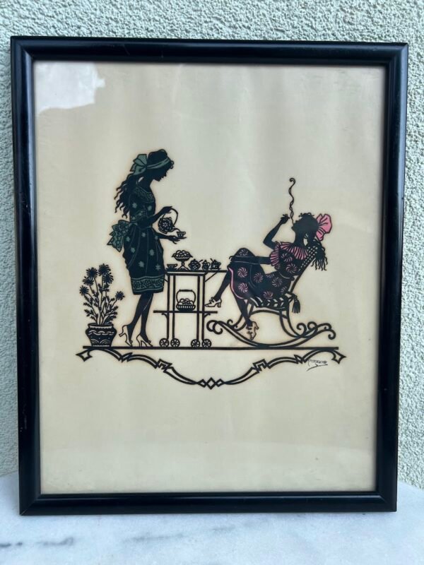 Paveikslas, popieriaus karpinys, antikvarinis, Scherenschnitte. Friedrich Kaskeline (1863–1931), vaizduojantis elegantišką moterų arbatos gėrimo sceną. 1920-1930 m. Kaina 58