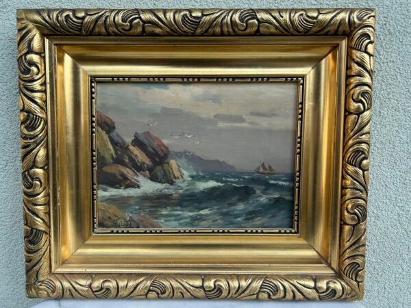 Paveikslas Jūros pakrantė, marinistinis, antikvarinis. Drobė, aliejus. H. Boye. Kaina 123