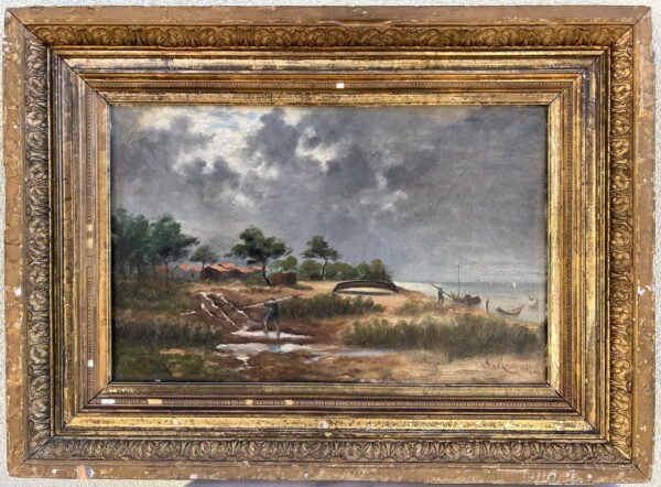 Paveikslas Peizažas su žvejais. Hugues Fernand ROPION. Prancūzija. 1887 m.  Drobė, aliejus. Kaina 228 REZERVUOTA