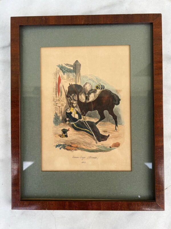 Paveikslas, grafika antikvarinė militaristine tema, Napoleono laikų. Medinis rėmelis, stiklas. Prancūzija. Kaina 68