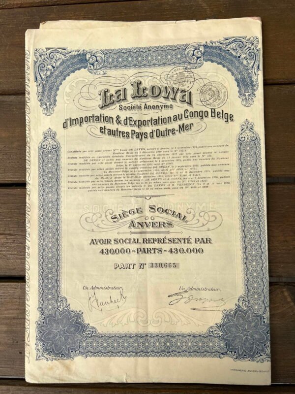 Vertybinis popierius - obligacija, 1920 m. Belgijos Kongas. D'importation d'exportation au Congo Belge gaufres Pays 'd'outre Mer. Dydis: 25 x 36 cm., perlenktos. Originalas. Kaina 28